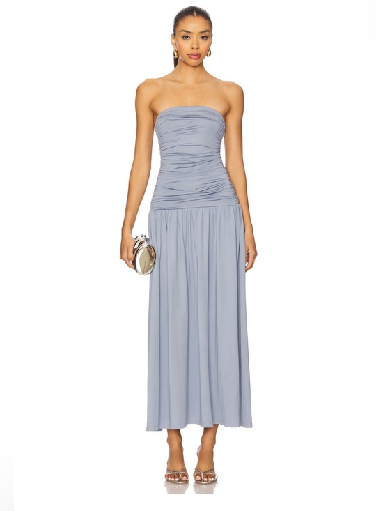 Nia Dresses & Skirts - NIA Santal Strapless Ruched Midi Dress in State Blue